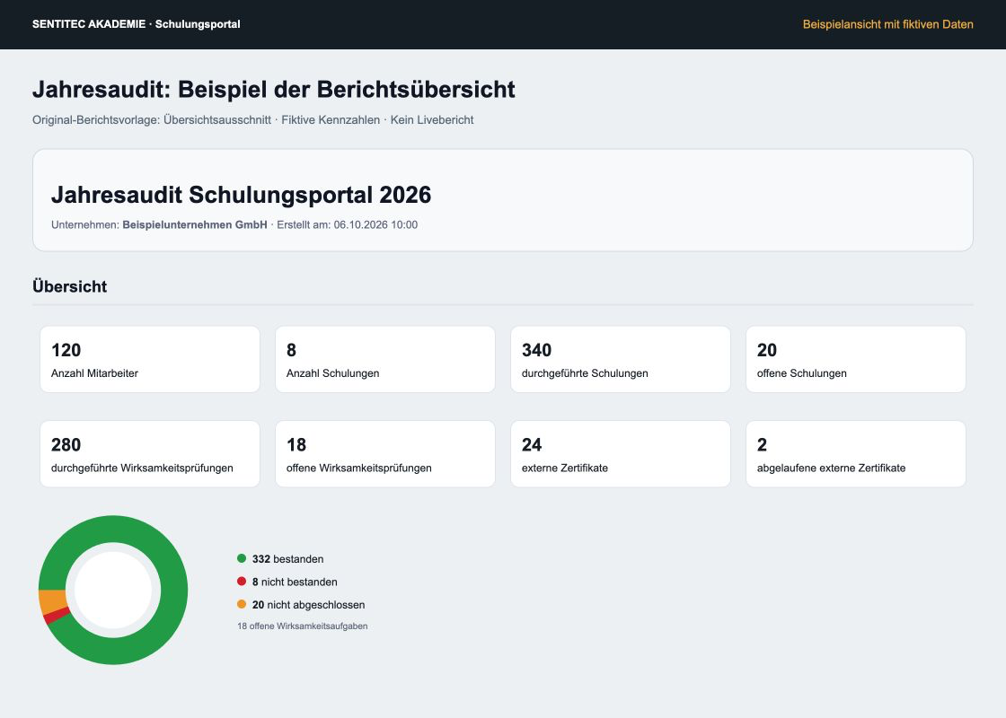 Ausschnitt der Jahresaudit-Berichtsvorlage mit acht fiktiven Kennzahlen und Ergebnisdiagramm