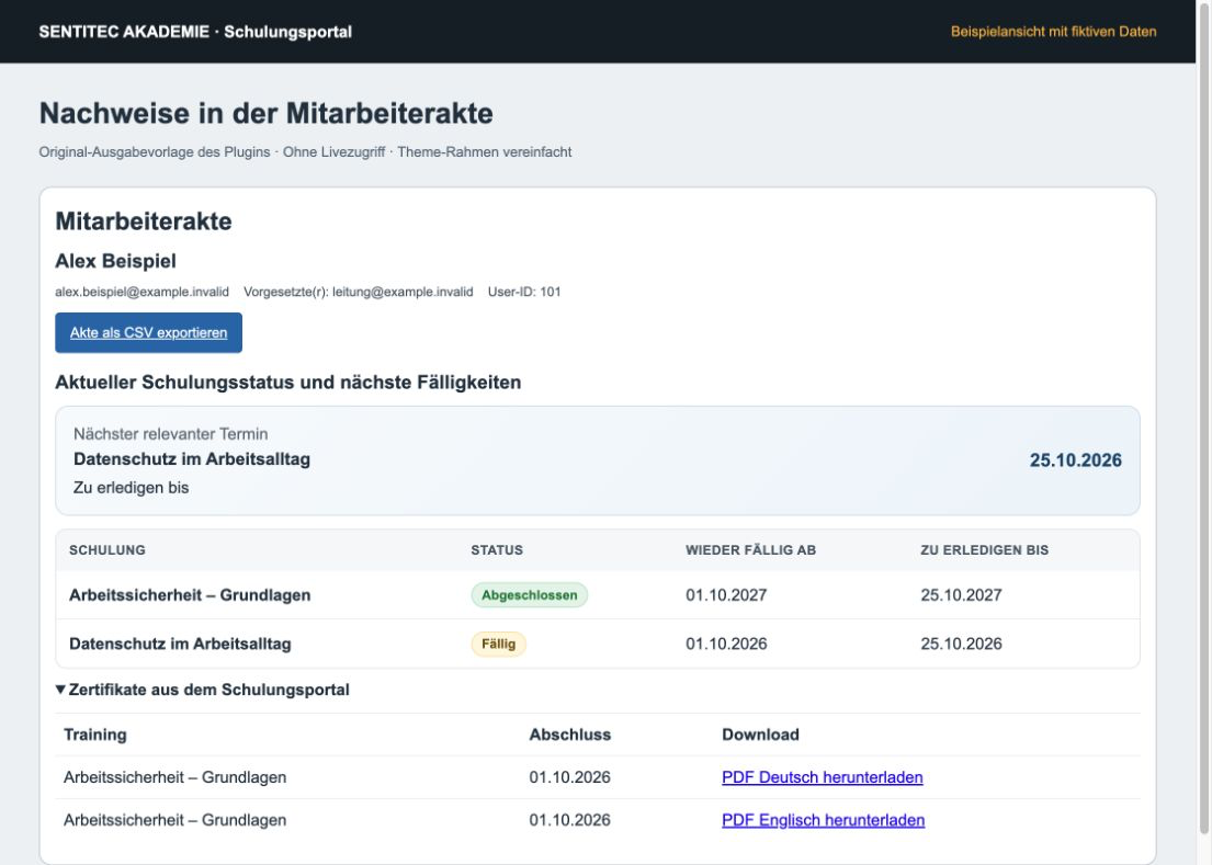 Beispiel einer Mitarbeiterakte mit nächsten Fälligkeiten und Zertifikatsdownloads