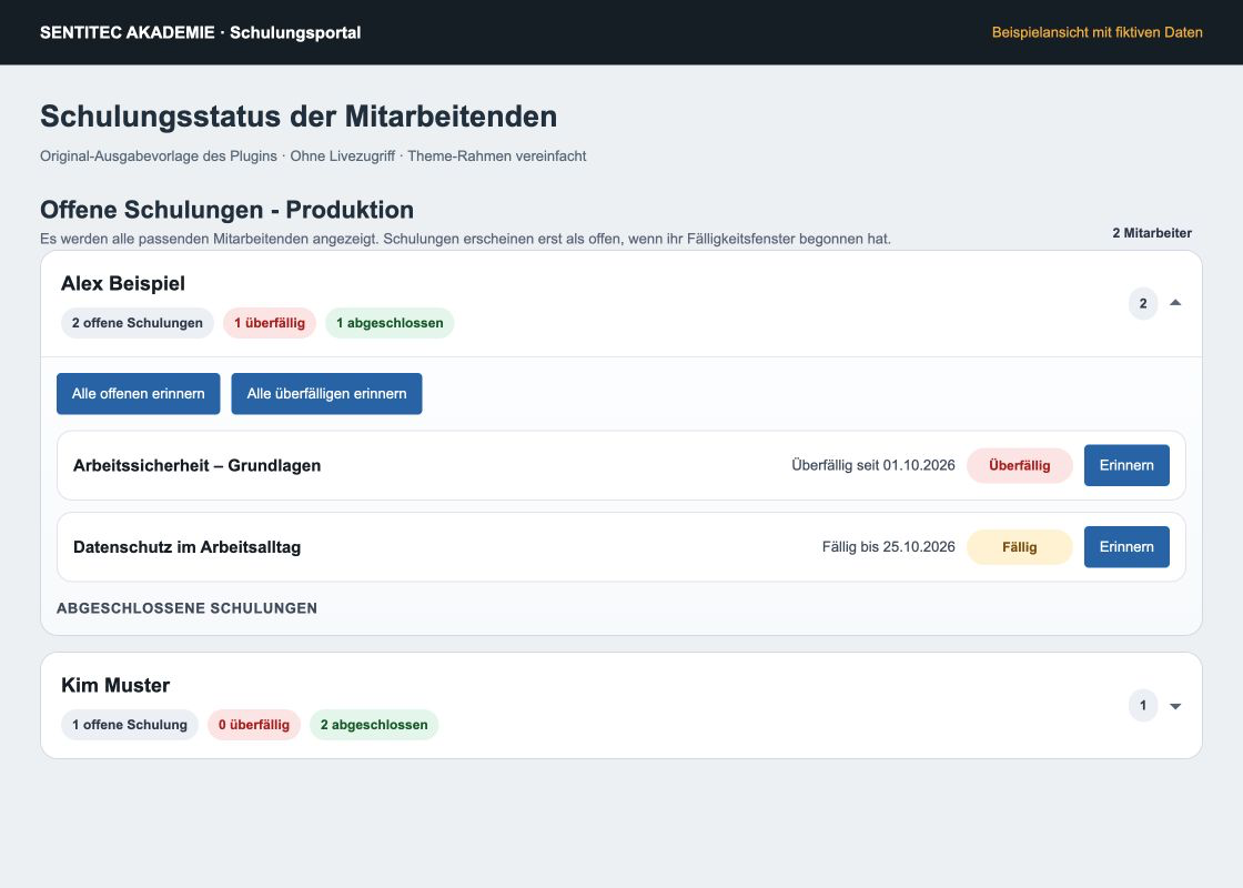 Beispielansicht des Schulungsstatus mit offenen Aufgaben, Fälligkeiten und Erinnerungsbuttons