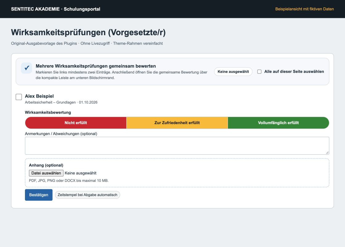 Beispielansicht der Wirksamkeitsprüfung mit drei Bewertungsstufen, Anmerkungen und Dateianhang