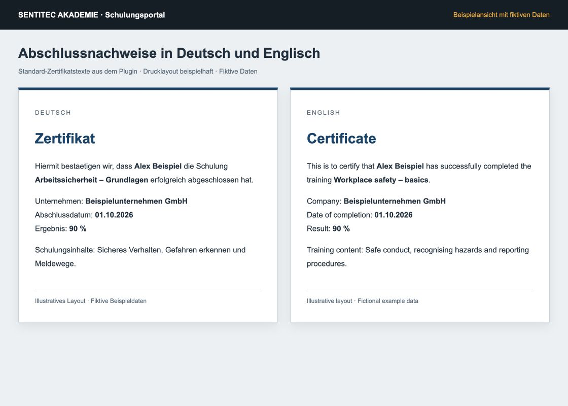 Zwei illustrative Zertifikatlayouts in Deutsch und Englisch für einen fiktiven Abschluss